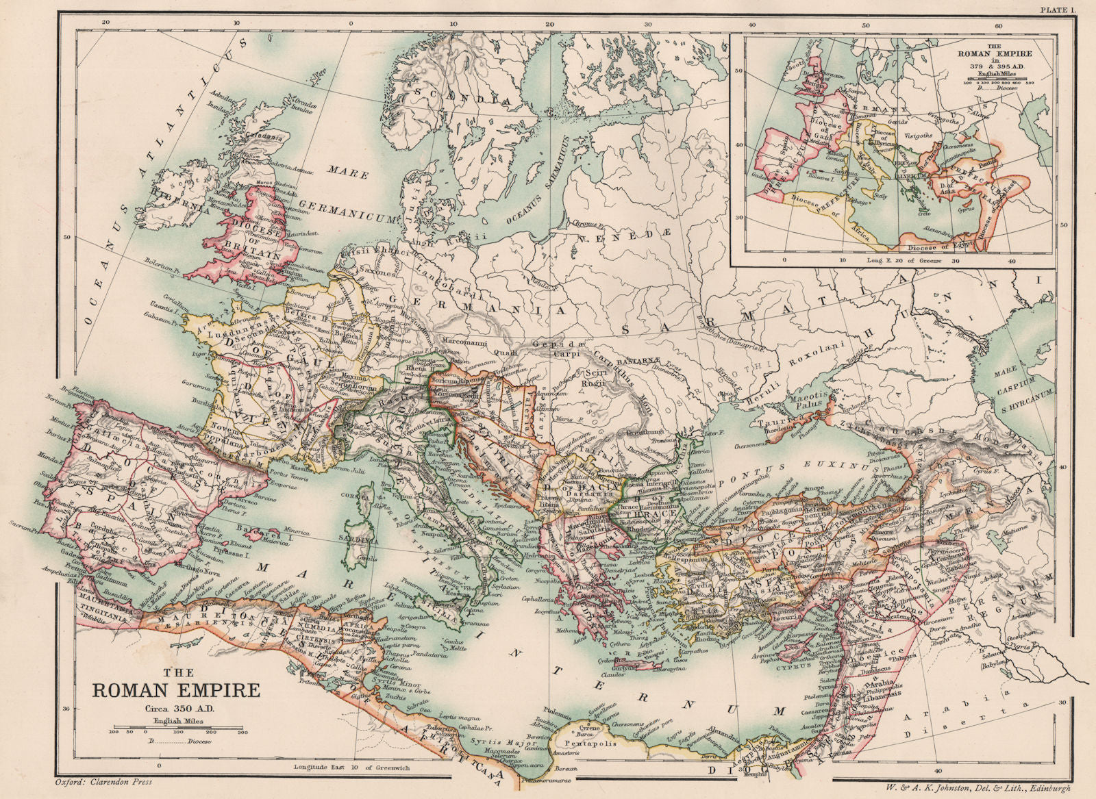 LATE ROMAN EMPIRE 350 AD. Inset in 379 & 395 AD. 4th century 1902 old map
